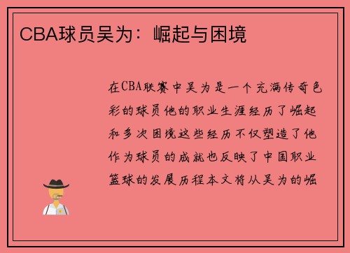 CBA球员吴为：崛起与困境