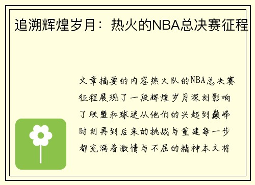追溯辉煌岁月：热火的NBA总决赛征程